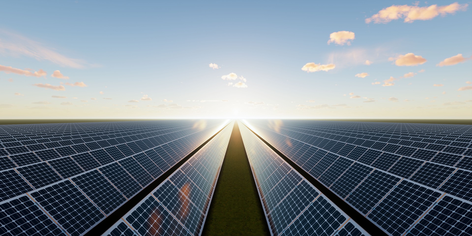 3d rendering of solar farm, field or solar power plant for clean green power energy.