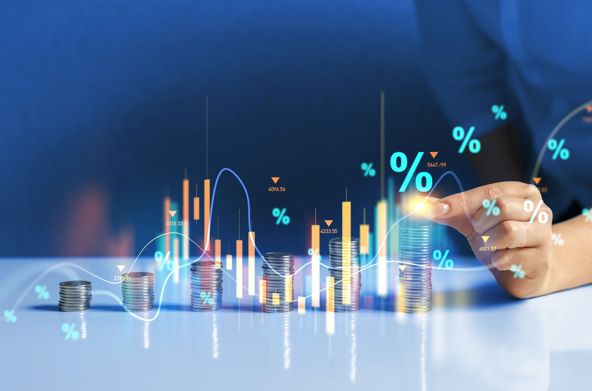 Percentage symbol and growth arrow. Interest rates continue to increase, stocks and mutual funds, investment for retirement.Interest rate and dividend.